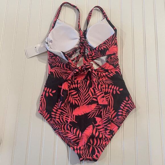 Viaurbe Women’s One Piece Swimsuit Small Black Pink Tropical Print Cutout Ruched - Picture 5 of 9